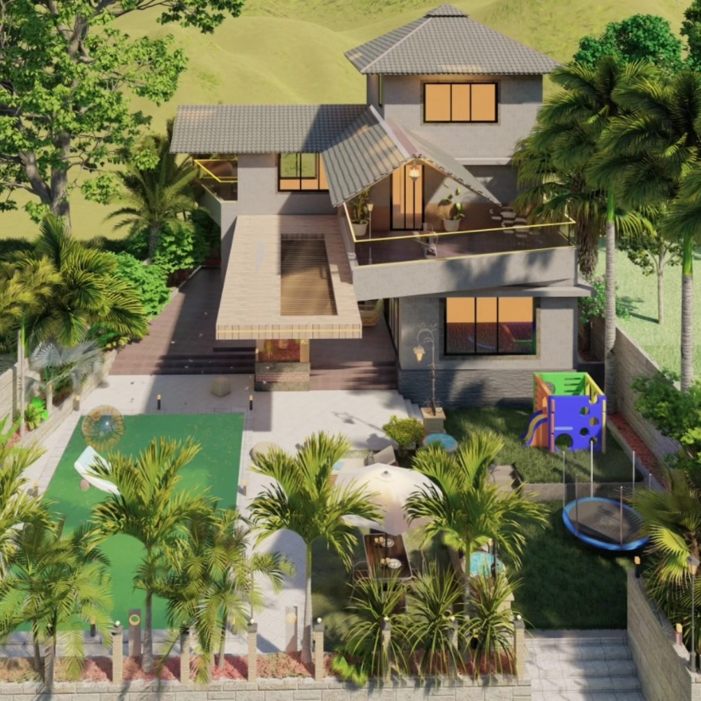 Daytime Villa Aerial with Lawn & Trampoline